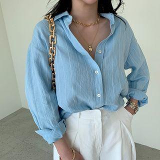 Pinstriped Boxy Linen Shirt Sky Blue - One Size