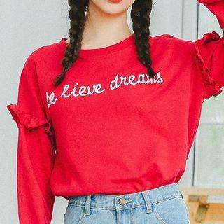 Lettering Embroidered Ruffled Long-sleeve Hoodie