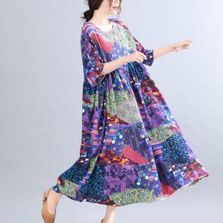 Elbow-sleeve Print Midi Dress Gingham - Coffee & Blue - One Size