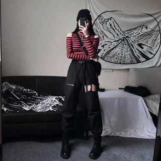 Cold-shoulder Striped Crop T-shirt / Cutout Baggy Pants
