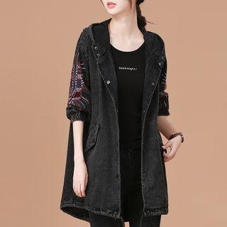 Embroidered Buttoned Hooded Denim Coat