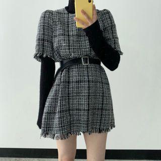 Belted Round-neck Tweed Dress