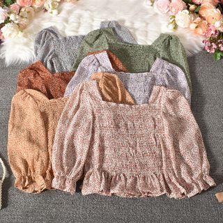 Long-sleeve Shirred Floral Print Blouse