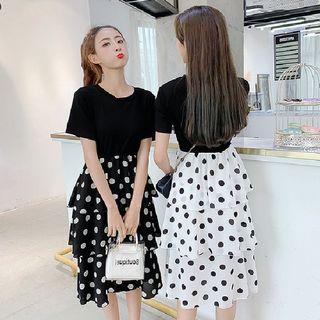Mock Two-piece Short-sleeve Dotted Tiered Midi Dress