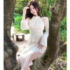 Long-sleeve Shawl / Irregular Pleated Halter Dress