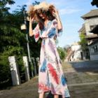 Leaf Print 3/4-sleeve Midi A-line Dress