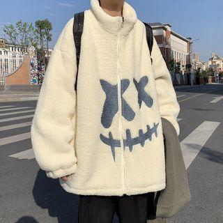 Smiley Face Embroidered Fleece Zip-up Jacket