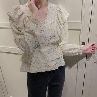 Long-sleeve Polka Dot Layered Trim Blouse