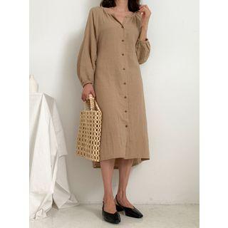 Open-placket Balloon-sleeve Buttoned Long Dress