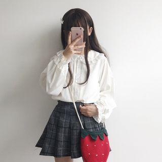 Frill-trim Peter Pan Collar Shirt / Plaid Mini A-line Pleated Skirt