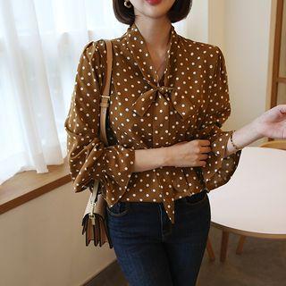 Tie-neck Bell-cuff Polka-dot Blouse