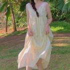 Sleeveless Floral Print Lace Trim Midi A-line Dress Light Yellow - One Size