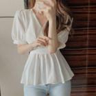 Puff Sleeve V-neck Ruffle Blouse