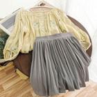 Set: Short-sleeve Floral Embroidered Buttoned Blouse + Pleated A-line Skirt