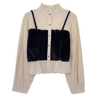 Long-sleeve Velvet Panel Mock Two-piece Shirt Almond - One Size