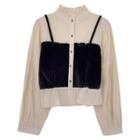 Long-sleeve Velvet Panel Mock Two-piece Shirt Almond - One Size