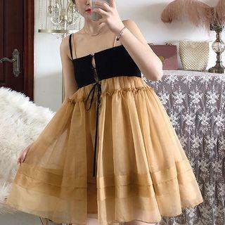 Spaghetti Strap Sheer Overlay A-line Dress Black & Brown - One Size