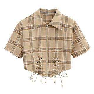 Short-sleeve Plaid Zipped Crop Shirt