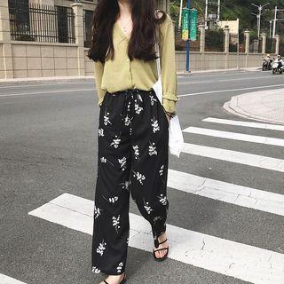 Plain Cardigan / Floral Print Chiffon Straight Cut Pants