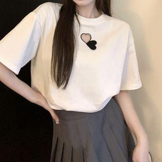Elbow-sleeve Cut-out Heart Print T-shirt
