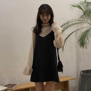 Set: Long-sleeve Top + Spaghetti Strap Mini Dress As Shown In Figure - One Size