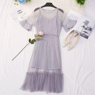 Set: Mesh Short-sleeve Midi A-line Dress + Plaid Spaghetti Strap Dress