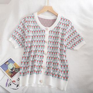Short-sleeve Floral Buttoned Knit Top White - One Size