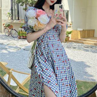 Puff-sleeve Gingham Cherry Print Slit Midi A-line Dress