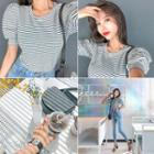 Puff-sleeve Striped Ribbed Top