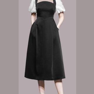 Puff-sleeve Square-neck Midi Cocktail Dress