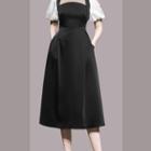 Puff-sleeve Square-neck Midi Cocktail Dress