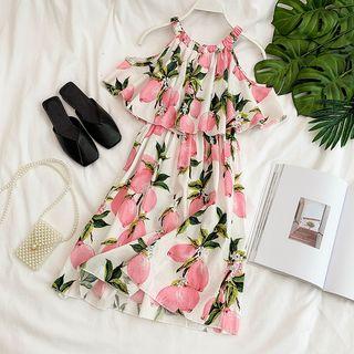 Elbow-sleeve Cold Shoulder Floral Print A-line Midi Dress