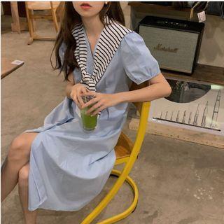 Set: Puff-sleeve Midi A-line Dress + Striped Cape