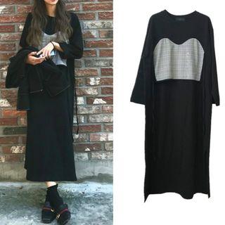 Plaid Panel Long-sleeve Midi Dress