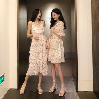 Heart Print Spaghetti Strap Midi Tiered Dress / Short-sleeve A-line Dress