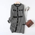 Long-sleeve Buttoned Knit A-line Dress Black & White - One Size