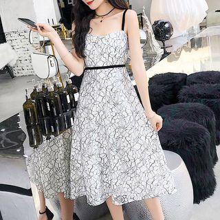 Spaghetti Strap Midi A-line Lace Dress