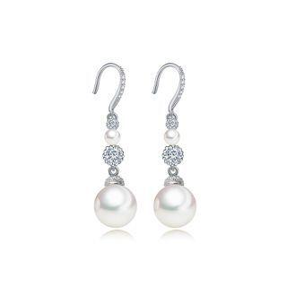Elegant And Fashion Geometric Round Imitation Pearl Long Earrings With Cubic Zirconia Silver - One Size