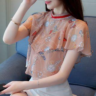 Print Frilled Short-sleeve Chiffon Top