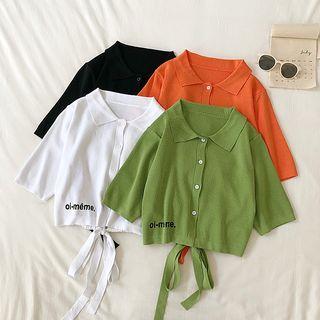 Collared Strap-back Elbow-sleeve Knit Top