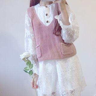 Long-sleeve A-line Lace Dress / Plain Sweater Vest