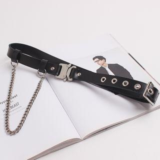 Chain Clasp Belt Genuine Leather Belt - Black - One Size