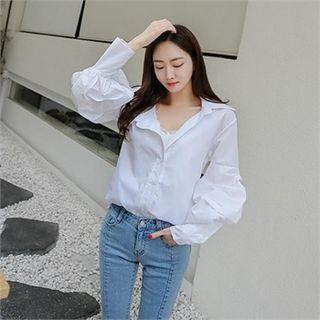 Open-placket Balloon-sleeve Blouse