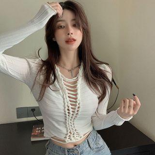 Long-sleeve Plunge-neck Cropped Knit Top