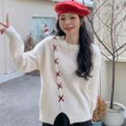 Long-sleeve Round Neck Sweater White - One Size