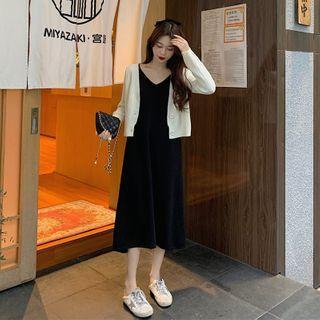 Plain Cardigan / Spaghetti Strap Midi Dress