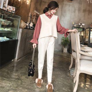 Plain Shirt / V-neck Vest / Cropped Slim-fit Pants / Set