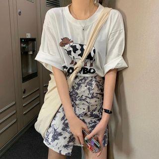 Elbow-sleeve Printed T-shirt / Tie Dye Mini A-line Skirt
