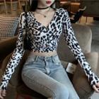 Long-sleeve Leopard Print Button-up Crop Top Black & White - One Size