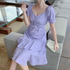 Twisted Puff-sleeve Ruffle Hem Mini A-line Dress